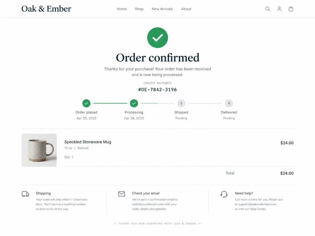 Order confirmation with shipping tracker