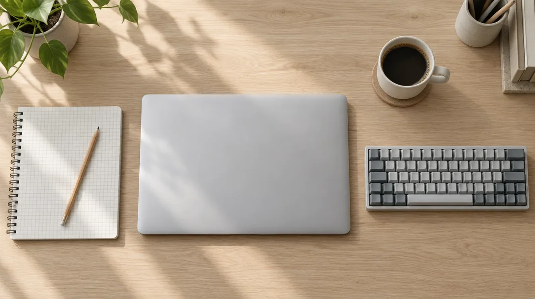 A tidy desk with a closed laptop, keyboard, notebook and coffee
