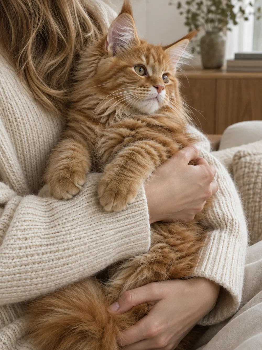 Котёнок мейн-куна на руках у хозяйки