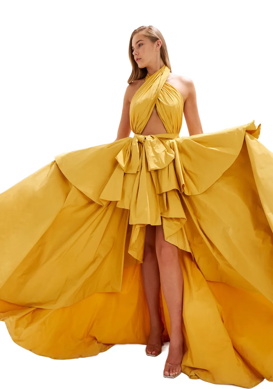 Платье в пол с воланами, горчичный — Brina Atelier